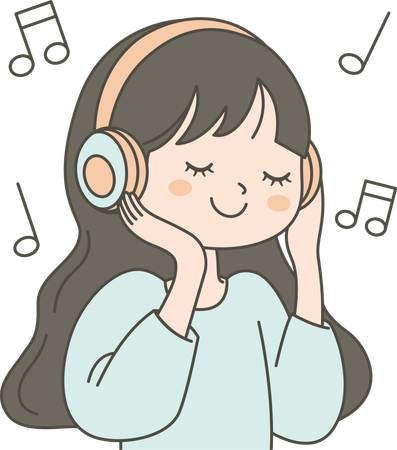 Lindo personaje de niña escuchando música con auriculares  Ilustración