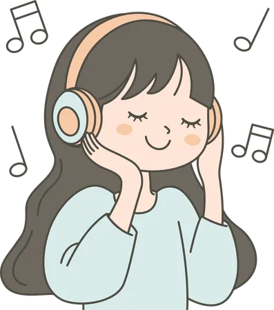 Lindo personaje de niña escuchando música con auriculares  Ilustración