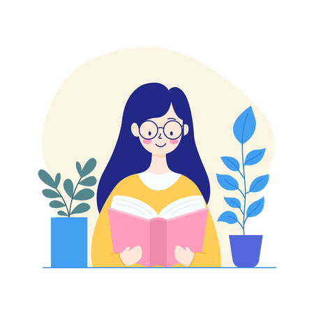 Personaje de una chica nerd con gafas leyendo un libro en la biblioteca  Ilustración