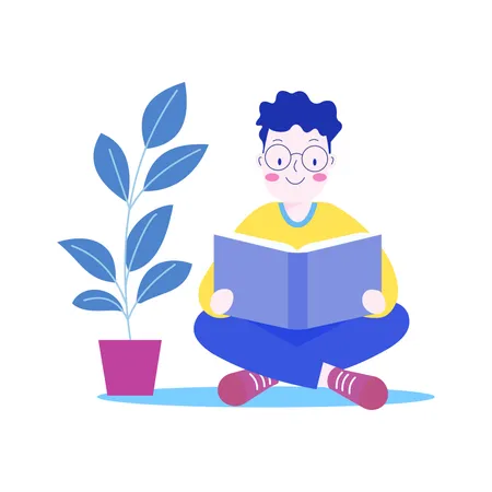 Personaje de un chico nerd con gafas sentado leyendo un libro en la biblioteca con expresión de sonrisa  Ilustración