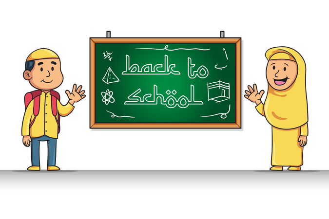 Personaje de dibujos animados de estudiante musulmán dar saludo de regreso a la escuela  Ilustración