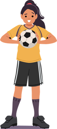 Personaje de dibujos animados de jugador de fútbol de adolescente sonriente feliz posando con un balón de fútbol en las manos  Ilustración