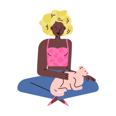 Personaje de dibujos animados de mujer afroamericana sentada en el suelo y acariciando a un gato  Ilustración