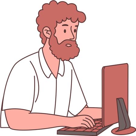 Personaje de empleado independiente con barba que trabaja con una computadora  Ilustración