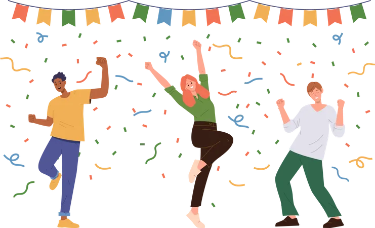 Personaje de gente feliz celebrando evento o ceremonia divirtiéndose y saltando de alegría  Ilustración