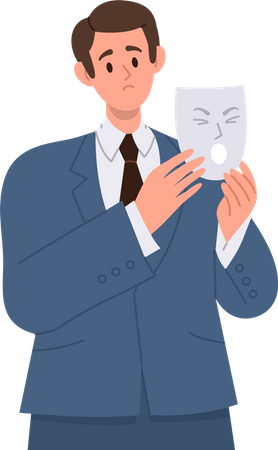 Carácter de hombre de negocios en traje que esconde una emoción realmente triste e infeliz bajo una máscara facial de gritos enojados  Ilustración