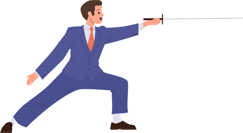 Personaje de hombre de negocios valiente y confiado que lucha con espada Ilustración