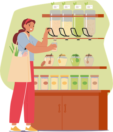 Personaje femenino con bolsa ecológica compra productos sostenibles en tienda de mercado  Illustration