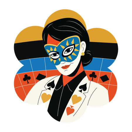 Mujer máscara, personaje, póquer, casino, baraja  Illustration