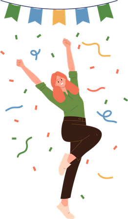 Personaje de mujer feliz celebrando la victoria o el logro de una meta saltando de alegría y diversión bajo confeti  Ilustración