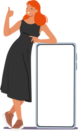 Personaje de mujer segura dando un pulgar hacia arriba mientras se apoya en un teléfono inteligente gigante con una pantalla en blanco  Ilustración
