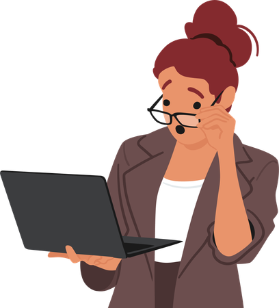 Personaje de mujer sorprendida con gafas sosteniendo y mirando la pantalla de una computadora portátil  Ilustración