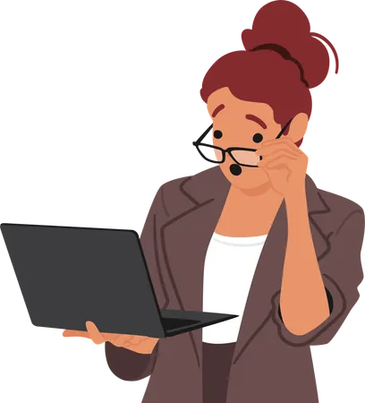 Personaje de mujer sorprendida con gafas sosteniendo y mirando la pantalla de una computadora portátil  Ilustración