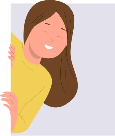 Personaje de niña alegre y sonriente que se asoma sintiendo emoción de curiosidad  Ilustración