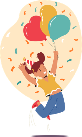 Personaje de niña sosteniendo globos  Ilustración