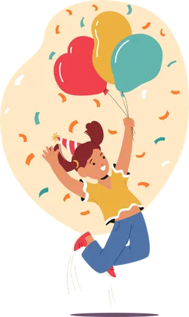 Personaje de niña sosteniendo globos  Ilustración