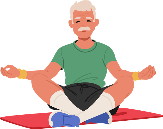 Personaje de un anciano con camiseta sentado en posición de loto sobre una esterilla de yoga  Ilustración