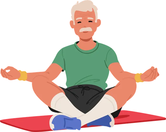 Personaje de un anciano con camiseta sentado en posición de loto sobre una esterilla de yoga  Ilustración