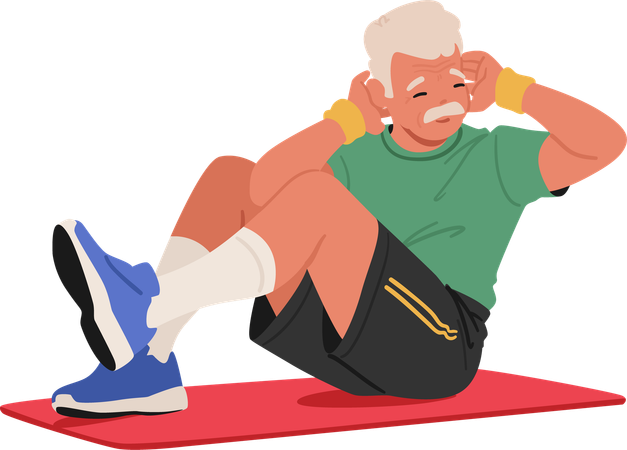 Personaje de un anciano felizmente sentado en una esterilla de yoga  Illustration