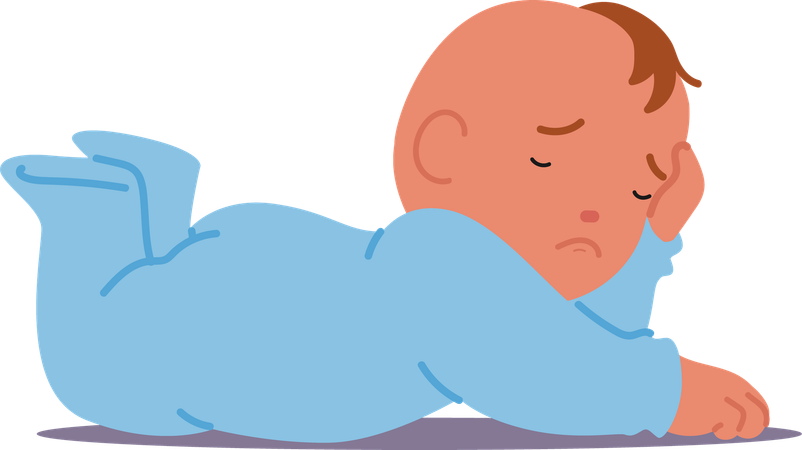 Personaje de un bebé durmiendo plácidamente con un cómodo mono azul. Concepto relajante de serenidad pura e inocencia infantil  Ilustración