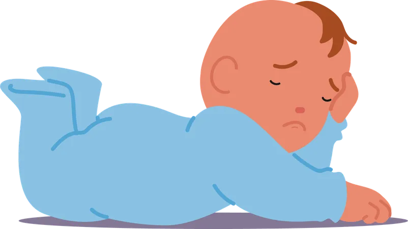 Personaje de un bebé durmiendo plácidamente con un cómodo mono azul. Concepto relajante de serenidad pura e inocencia infantil  Ilustración