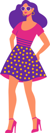 Hermoso personaje de niña con vestido y atuendo de moda en estilo retro  Ilustración