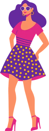 Hermoso personaje de niña con vestido y atuendo de moda en estilo retro  Ilustración