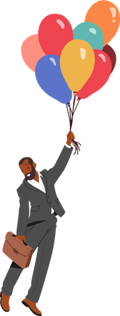 El personaje del empresario se eleva por el cielo en un grupo de globos de colores  Ilustración