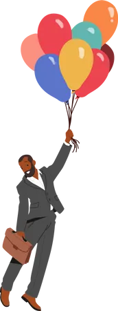 El personaje del empresario se eleva por el cielo en un grupo de globos de colores  Ilustración