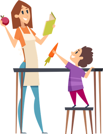 Personaje feliz pareja padres niños preparando comida  Ilustración