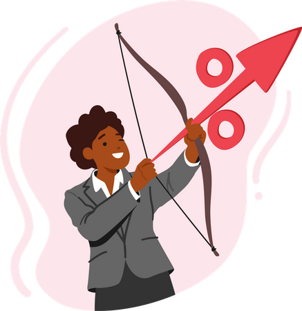 Arquero de personaje femenino apuntando al objetivo con signo de porcentaje en lugar de una flecha  Ilustración