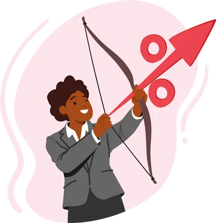 Arquero de personaje femenino apuntando al objetivo con signo de porcentaje en lugar de una flecha  Ilustración