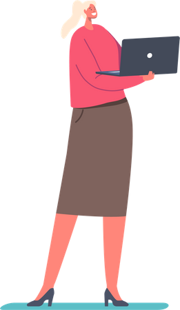 Personaje femenino de pie con laptop  Ilustración