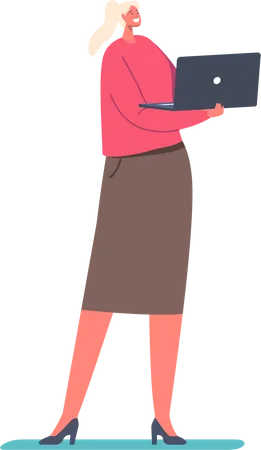 Personaje femenino de pie con laptop  Ilustración