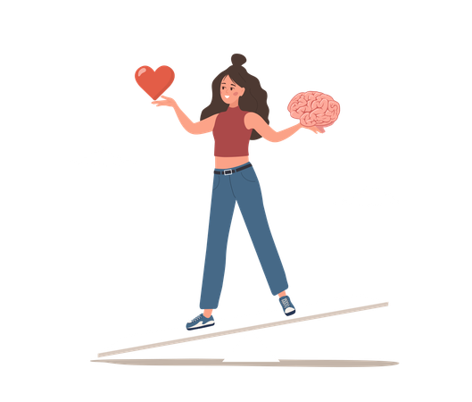 Personaje femenino encuentra el equilibrio entre corazón y cerebro  Ilustración