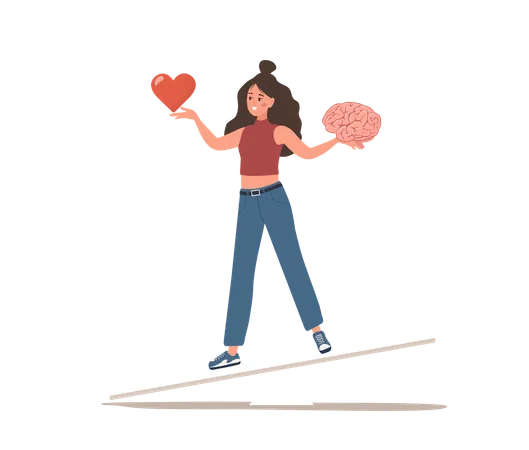 Personaje femenino encuentra el equilibrio entre corazón y cerebro  Ilustración