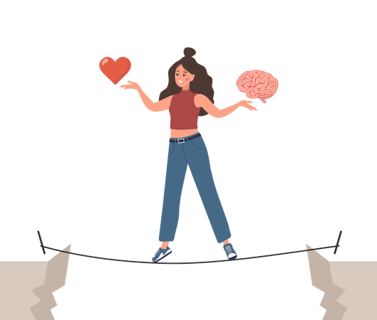 Personaje femenino encuentra el equilibrio entre corazón y cerebro  Ilustración