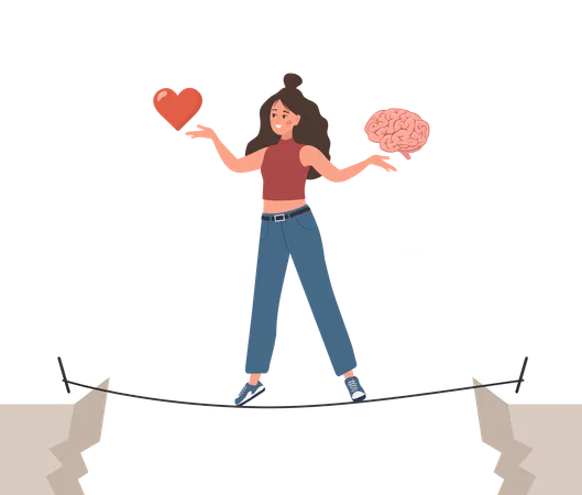 Personaje femenino encuentra el equilibrio entre corazón y cerebro  Ilustración