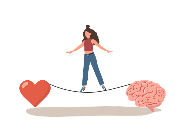 Personaje femenino encuentra el equilibrio entre corazón y cerebro  Ilustración