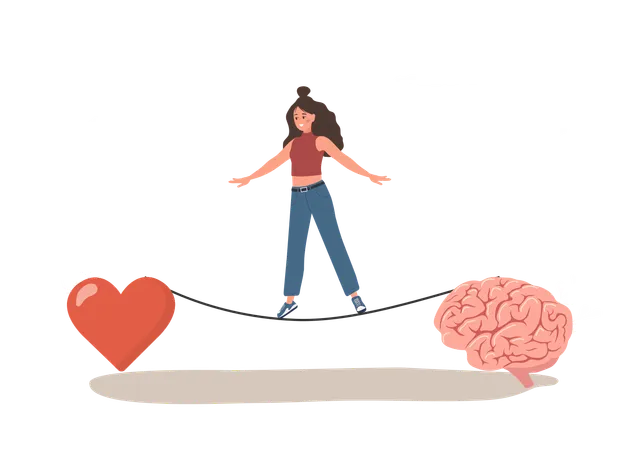 Personaje femenino encuentra el equilibrio entre corazón y cerebro  Ilustración