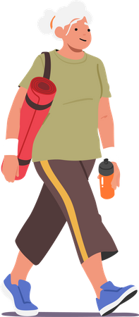 Personaje femenino mayor con estera de yoga caminando hacia un gimnasio  Illustration