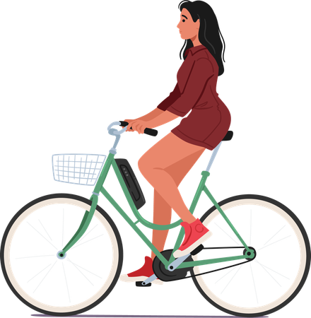 Personaje femenino maniobra con gracia una bicicleta eléctrica por las calles de la ciudad  Ilustración