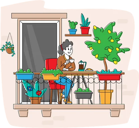 Personaje femenino relajado sentado en un cómodo sillón tomando café en el balcón de la casa con plantas o flores en macetas  Ilustración