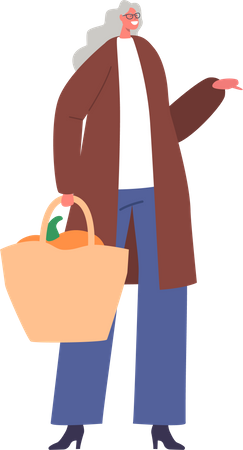 Personaje femenino senior con bolsa de compras  Ilustración