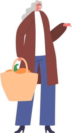 Personaje femenino senior con bolsa de compras  Ilustración