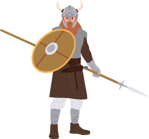 Personaje guerrero antiguo vikingo sosteniendo una lanza y un escudo redondo con casco y armadura  Ilustración