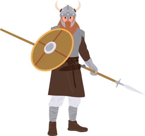 Personaje guerrero antiguo vikingo sosteniendo una lanza y un escudo redondo con casco y armadura  Ilustración