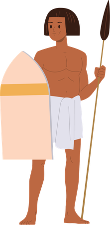 Personaje guerrero del antiguo Egipto sosteniendo un escudo y una lanza como arma  Ilustración