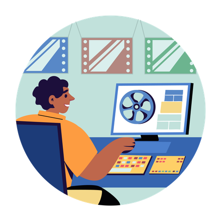 Personaje haciendo edición de película.  Ilustración
