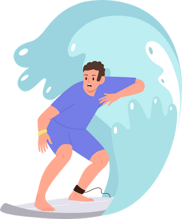 Carácter del hombre extremadamente montando tabla de surf en la superficie del agua del mar del océano  Ilustración